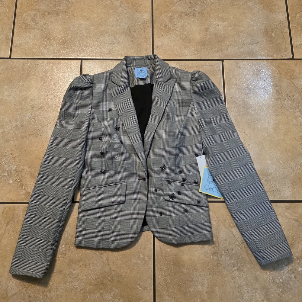 CeCe Black and Gray Plaid Puff-Sleeve Blazer with Star Embellishments - Picture 3 of 10